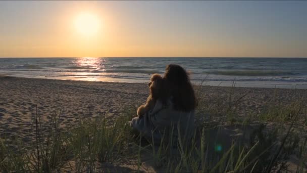 Donna Con Suo Cane Sulla Spiaggia Sabbiosa Immagine Concettuale Libertà — Video Stock