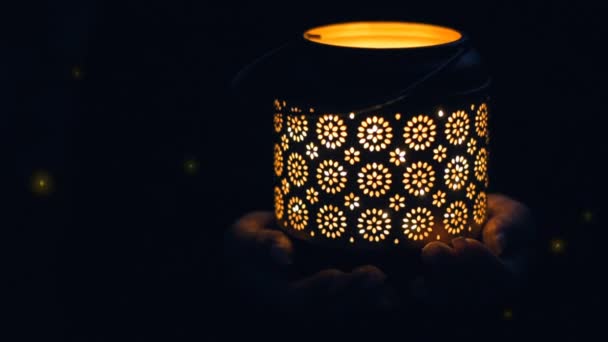 Cinemagraph Kvinnliga Händer Håller Lantern Med Magiska Ljus Eldflugor Natten — Stockvideo