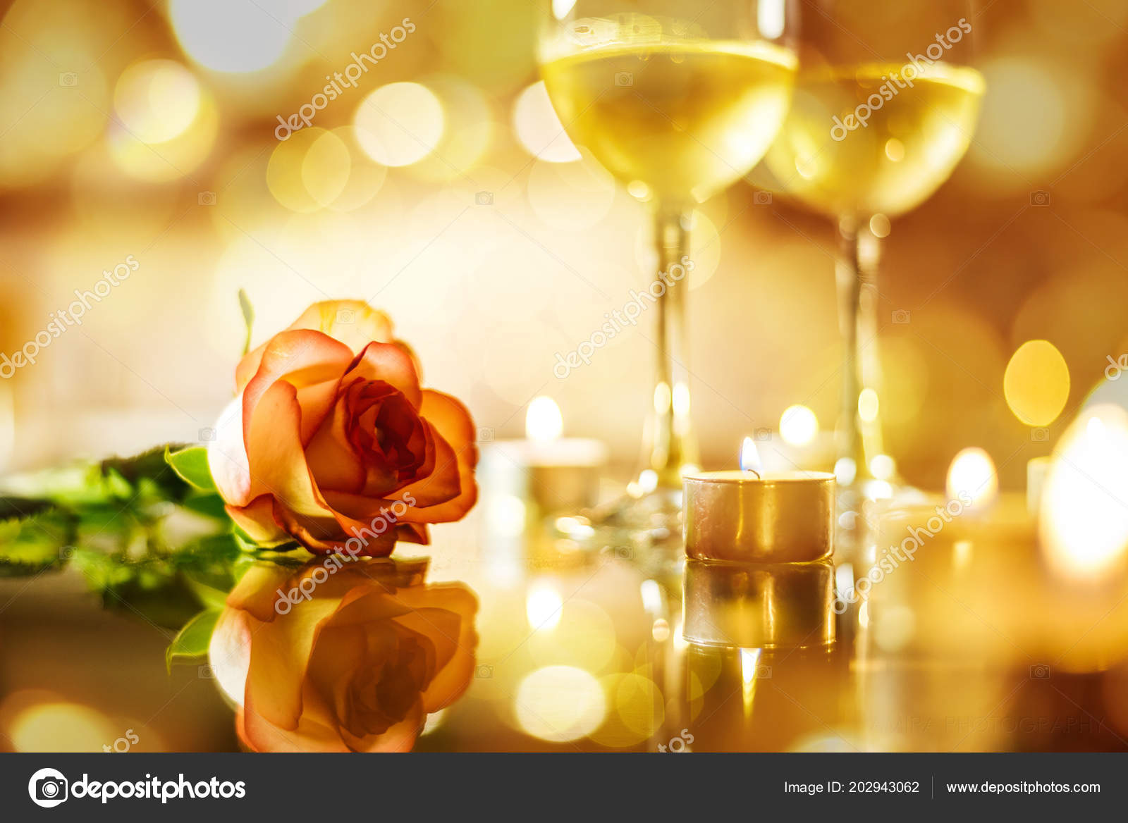 Two Glasses White Wine Rose Flower Bokeh Background Romantic Concept