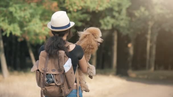 Mulher Viajante Com Mochila Segurando Cão Olhando Para Floresta Conceito — Vídeo de Stock