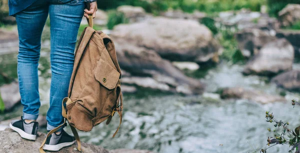 Woman Traveler Backpack Background Natural Canyon View Mountain River Concept — Stock Photo, Image