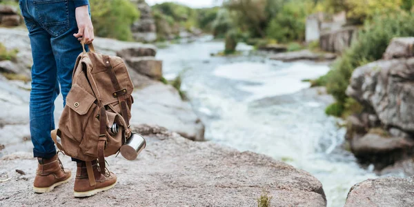 Man Traveler Backpack Beautiful Natural Canyon View Mountain River Concept — Stock Photo, Image