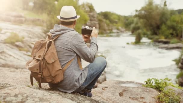 Man Making Pictures Camera While Traveling Natural Canyon View Mountain — Stock Video