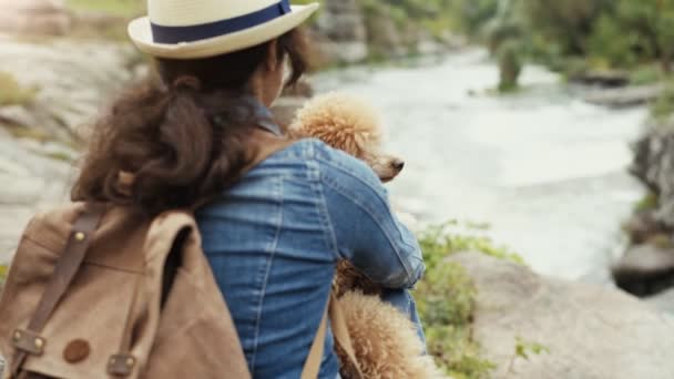 女性旅行者のバックパックを犬に押し山川の景色と自然の峡谷を見て — ストック動画