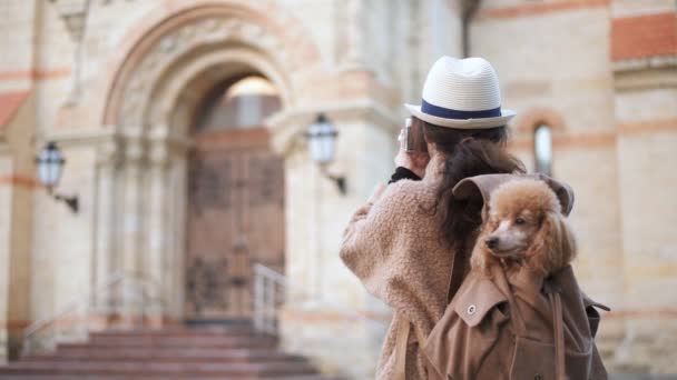 旅行中にカメラで写真を作るバックパックで犬と一緒に女性旅行者 — ストック動画