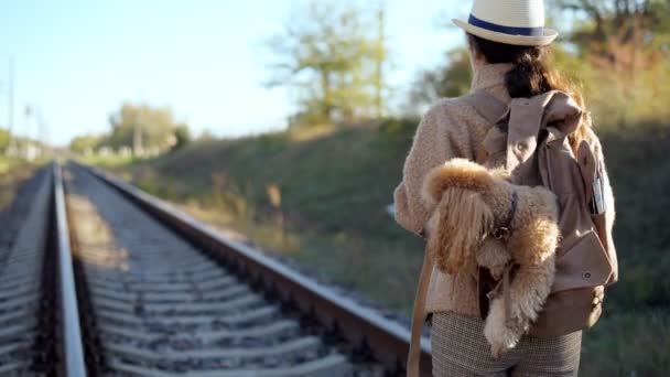 秋の日を鉄道で旅行バックパックで犬と女性 — ストック動画