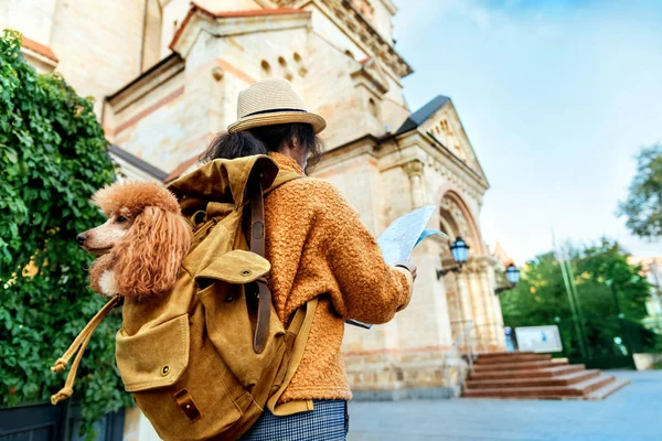 Woman traveler with dog in the backpack examines architectural monument . Concept of travel.