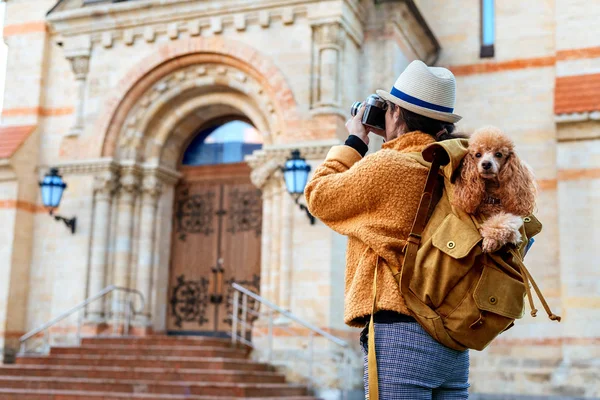 Жінка Подорожує Собакою Рюкзаку Робить Фотографії Камерою Під Час Подорожі — стокове фото