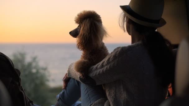 夕日を見て海の近くの車のトランクに座っている犬を持つ女性旅行者 — ストック動画