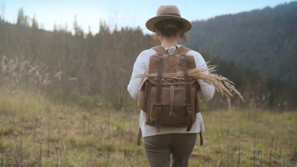 女人旅行者与背包享受日落在山顶上 旅行的概念 — 图库视频影像