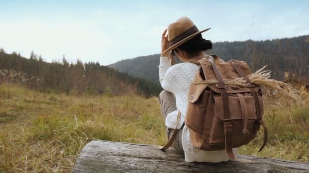 Mujer Viajera Con Mochila Disfrutando Puesta Sol Cima Montaña Concepto — Vídeos de Stock