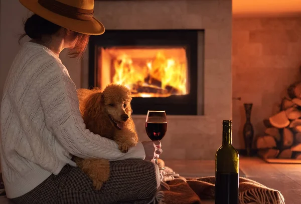 Donna Viaggiatore Con Suo Cane Siede Terra Bere Vino Sullo — Foto Stock