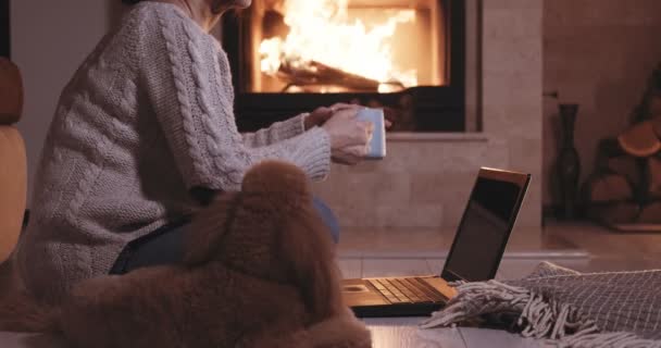 Freelancer Młoda Kobieta Siedzi Podłodze Laptopa Picia Kakao Tle Kominka — Wideo stockowe