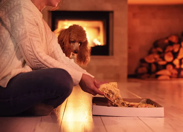 Woman with her dog sits at the floor and eating pizza on the fireplace background.