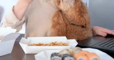 İşyerinde, paket servisi olan restoran teslimat hizmeti kavramı Asya gıda tadımı genç serbest meslek sahibi kadın .
