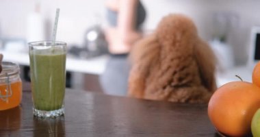 Genç kadın salata üzerinde ev mutfak bir egzersiz yaptıktan sonra yemek. Genç kadın köpeğini mutfak ile.