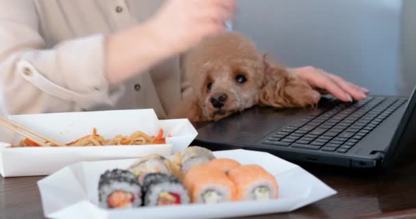 Giovane Donna Freelancer Degustazione Cibo Asiatico Sul Posto Lavoro Take — Video Stock