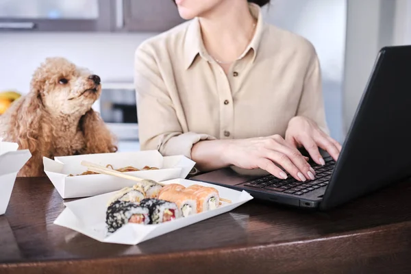 年轻的自由职业者妇女品尝亚洲食品在工作场所 外卖送货服务的概念 — 图库照片