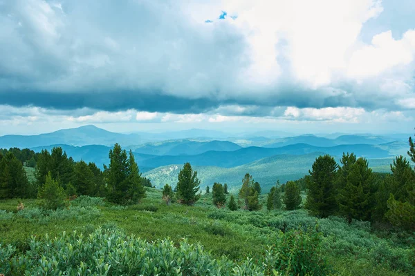 La crête des montagnes couvertes de forêt est sous un ciel nuageux — Photo