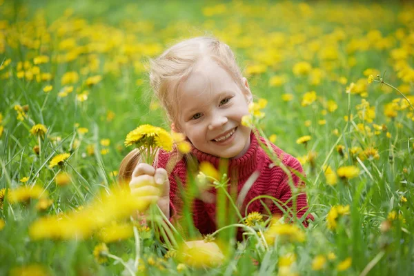 छोटी लड़की और dandelions के साथ घास का मैदान। ग्रीष्मकालीन दिन, सड़क पर — स्टॉक फ़ोटो, इमेज