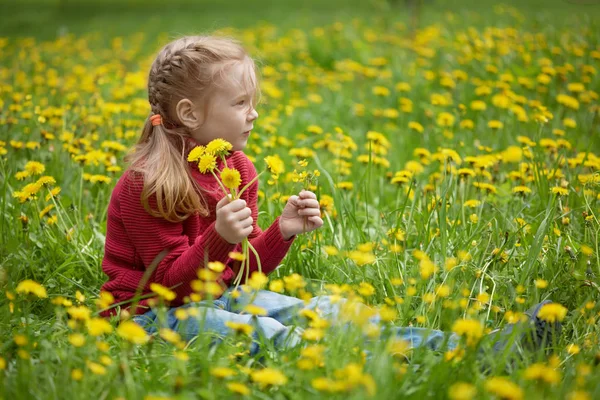 Niña y prado con dientes de león. Día de verano al aire libre — Foto de Stock