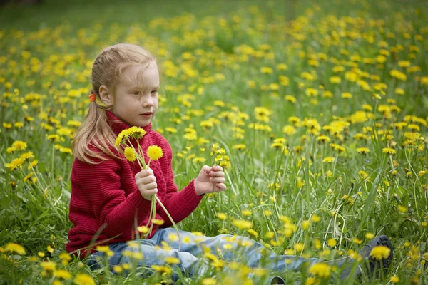 Mała dziewczynka i łąka z mniszek lekarski. Letni dzień na świeżym powietrzu — Zdjęcie stockowe