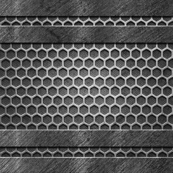 Vier Abstrakte Metall Grunge Panels Auf Sechseckigem Zellen Hintergrund Als — Stockfoto