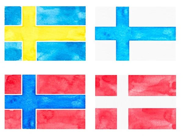 Set Watercolor Flags Countries Denmark Norway Finland Sweden Hand Drawn — Stock Photo, Image