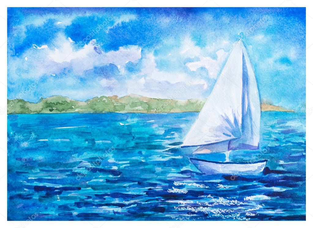 Summer Landscape: Small Tall Ship with White Sail Floating at Deep Blue Sea, Watercolor Drawn and Painted