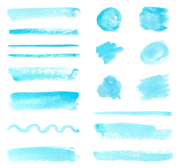 Conjunto Traços Respingos Tinta Aquarela Azul Isolado Fundo Branco — Fotografia de Stock