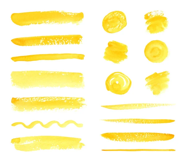 黄色の水彩画のセットでは 水しぶきとストロークを描かれています 白い背景に分離 — ストック写真