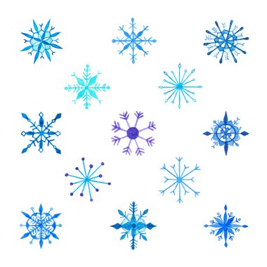 Küme çeşitli mavi ve turkuaz çizilmiş suluboya kar taneleri ver. Beyaz arka plan üzerinde izole