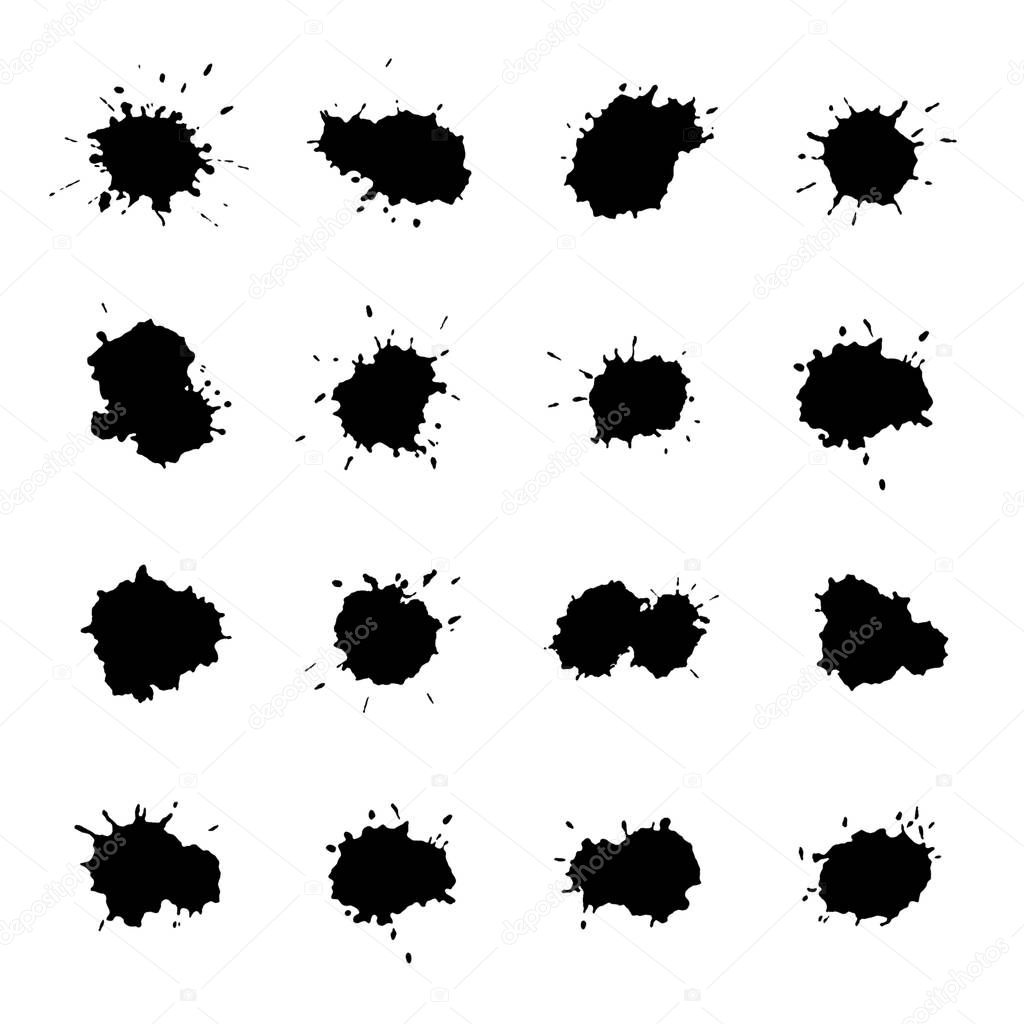 Set of 16 Black Abstract Drops, Watercolor Painted, Isolated on White