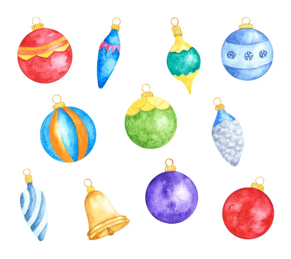 Set Van Verschillende Kleurrijke Kerstboom Decoraties Aquarel Hand Getekend Geschilderd — Stockfoto