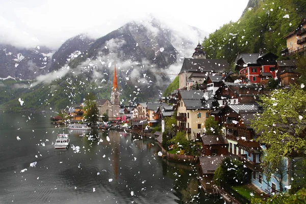 Hallshtatt, Austria- April 30, 2015: village of Hallstatt in the Austrian Alps, in winter time covered with snow, magic snow view
