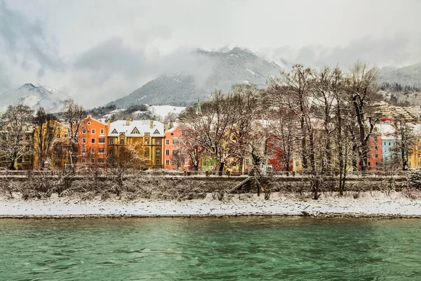 Colorful houses on bank of the river Inn in Innsbruck, Austria.