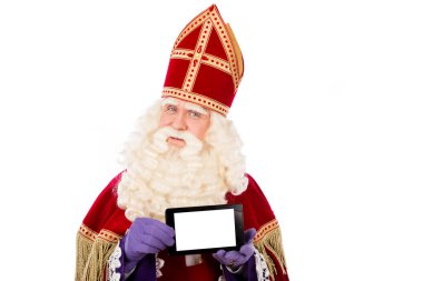 Acımak telefon ya da tablet ile Saint Nicholas. Beyaz arka plan üzerinde izole