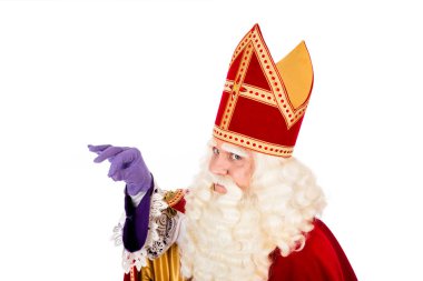 Saint Nicholas bir şey beyaz arka plan üzerinde izole öznitelik alanı olan elinde tutan. St. Nicholas Hollandalı karakter