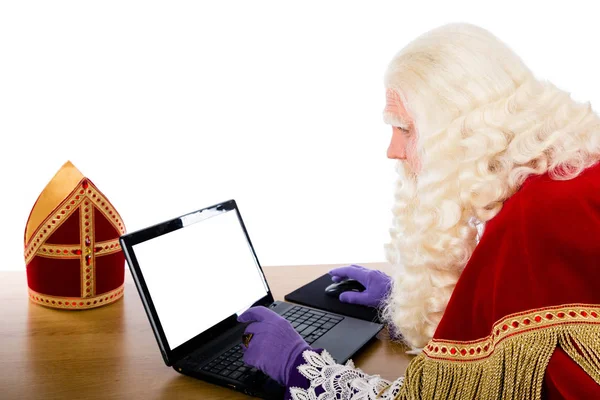 Синтерклааса Ноутбуком Ізольовані Білому Тлі Голландська Характер Санта Клауса — стокове фото