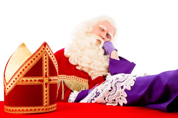 Saint Nicholaswith Gönye Masada Yorgun Uykuda Beyaz Arka Plan Üzerinde — Stok fotoğraf