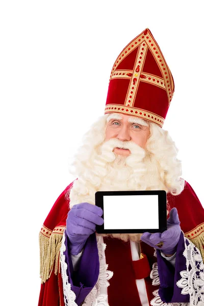 Acımak Telefon Tablet Ile Saint Nicholas Beyaz Arka Plan Üzerinde — Stok fotoğraf
