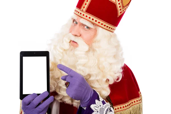 Saint Nicolas Avec Téléphone Intelligent Tablette Isolé Sur Fond Blanc — Photo