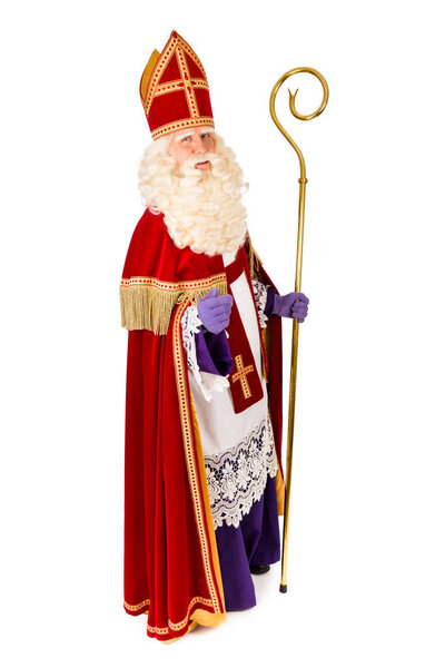 Saint Nicholas with staff portrait . Full length isolated on white background