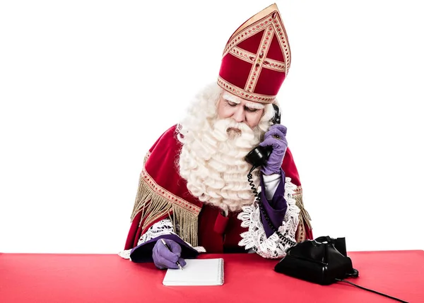 Sinterklaas Com Telefone Antigo Olhar Vintage Isolado Fundo Branco Personagem — Fotografia de Stock