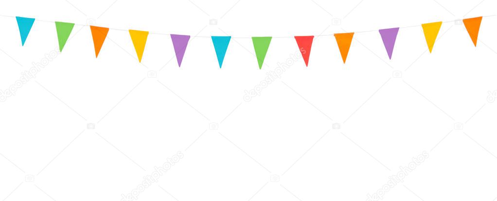 colorful paper party flags or garland on a rope isolated white background