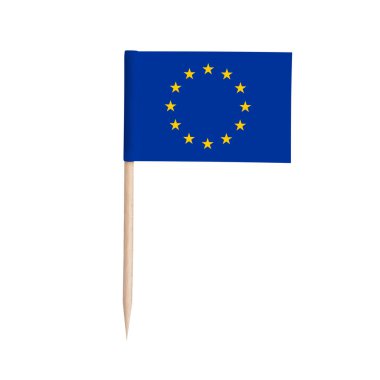 Miniature paper flag European Union. Isolated Eu toothpick flag on white background. clipart