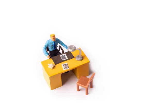 Miniature People Businessman Sitting His Work Desk Macro Shot Tiny — Stock Photo, Image
