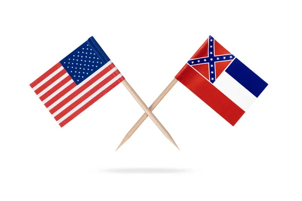 Gekreuzte Echte Papierzahnstocher Flaggen Usa Und Mississippi Mit Schatten Darunter — Stockfoto