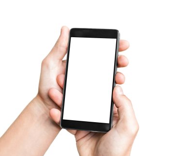 Erkek eli boş ekran, beyaz bir arka plan üzerinde izole ile mobil akıllı telefon tutarak.
