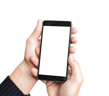 Erkek eli boş ekran, beyaz bir arka plan üzerinde izole ile mobil akıllı telefon tutarak.